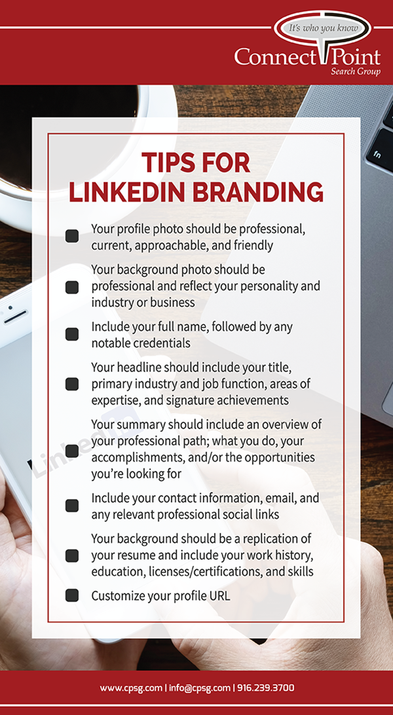 ConnectPoint Search Group; CPSG; CPSG Blog; LinkedIn Profile; LinkedIn Profile Branding Tips; LinkedIn Tips; Personal Branding; Career Advancement; Career Tips; Networking